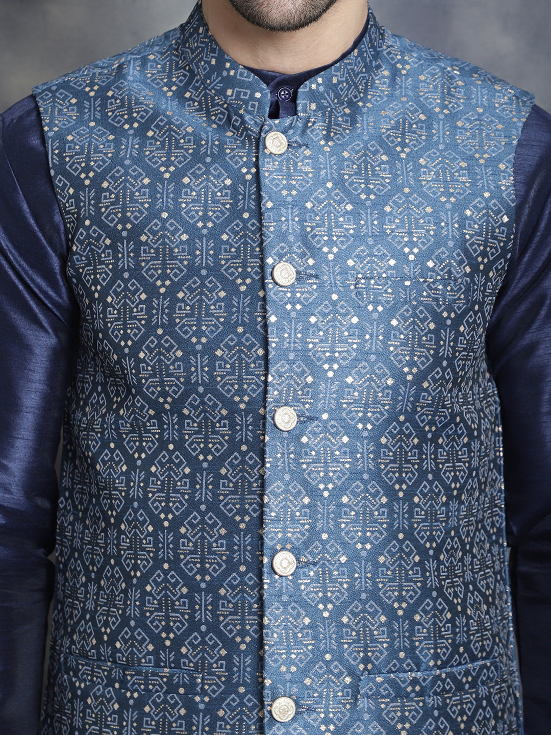 Men's Printed Nehru Jacket With Kurta Pyjama Set ( JOKPWC 636W 4084Blue )