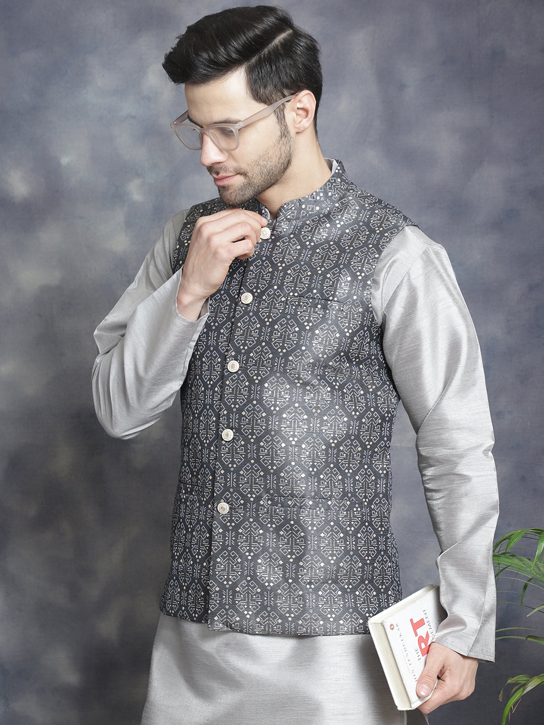 Men's Printed Nehru Jacket With Kurta Pyjama Set ( JOKPWC 636S 4084Charcoal )