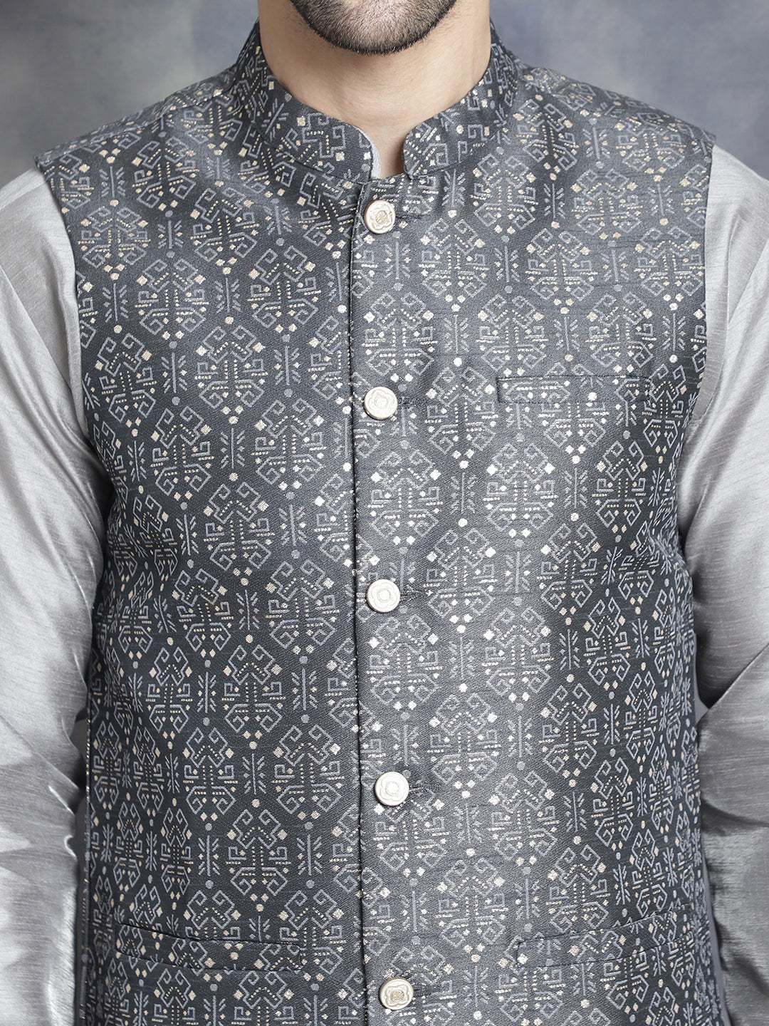 Men's Printed Nehru Jacket With Kurta Pyjama Set ( JOKPWC 636S 4084Charcoal )