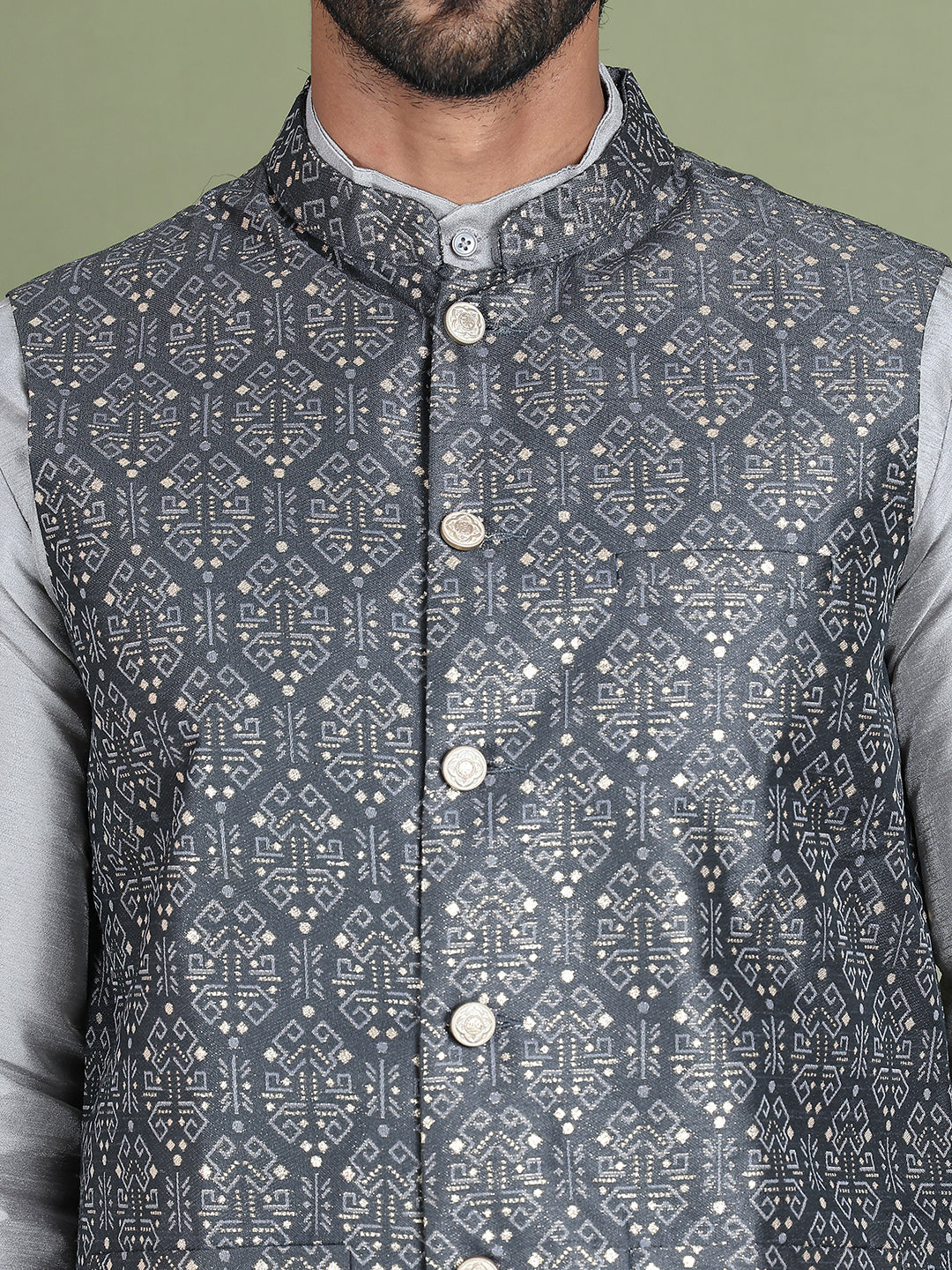 Men's Printed Nehru Jacket With Kurta Pyjama Set ( JOKPWC 636S 4084Charcoal )