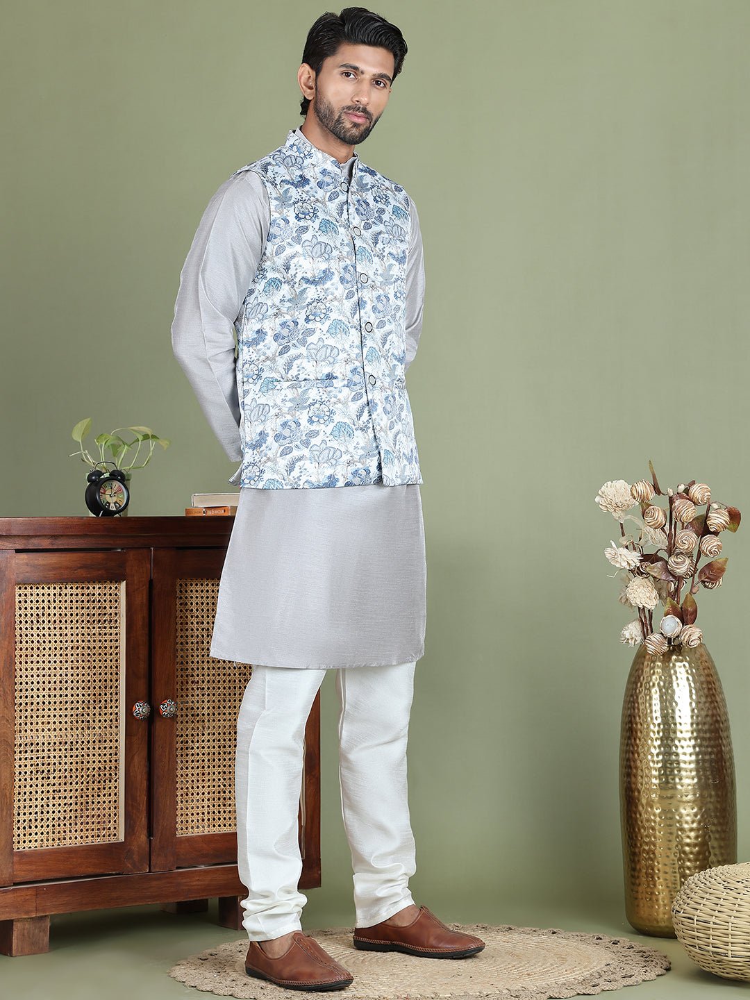 Printed Nehru Jacket With Kurta Pyjama Set for Men ( JOKPWC 636S 4090White )