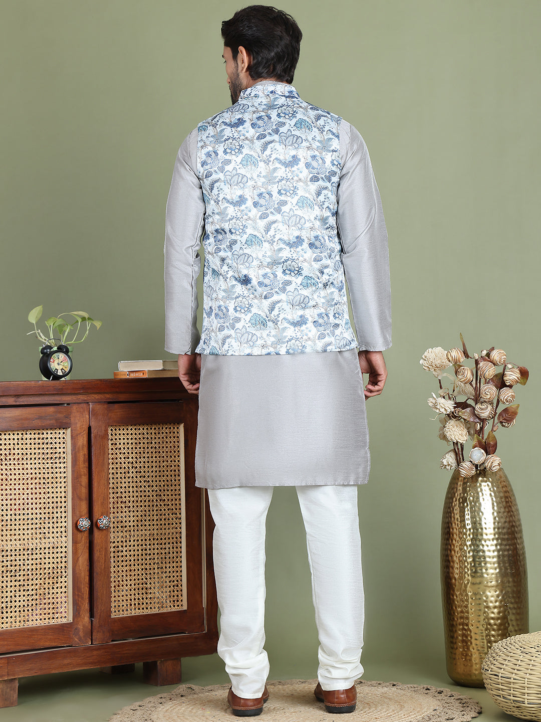 Printed Nehru Jacket With Kurta Pyjama Set for Men ( JOKPWC 636S 4090White )