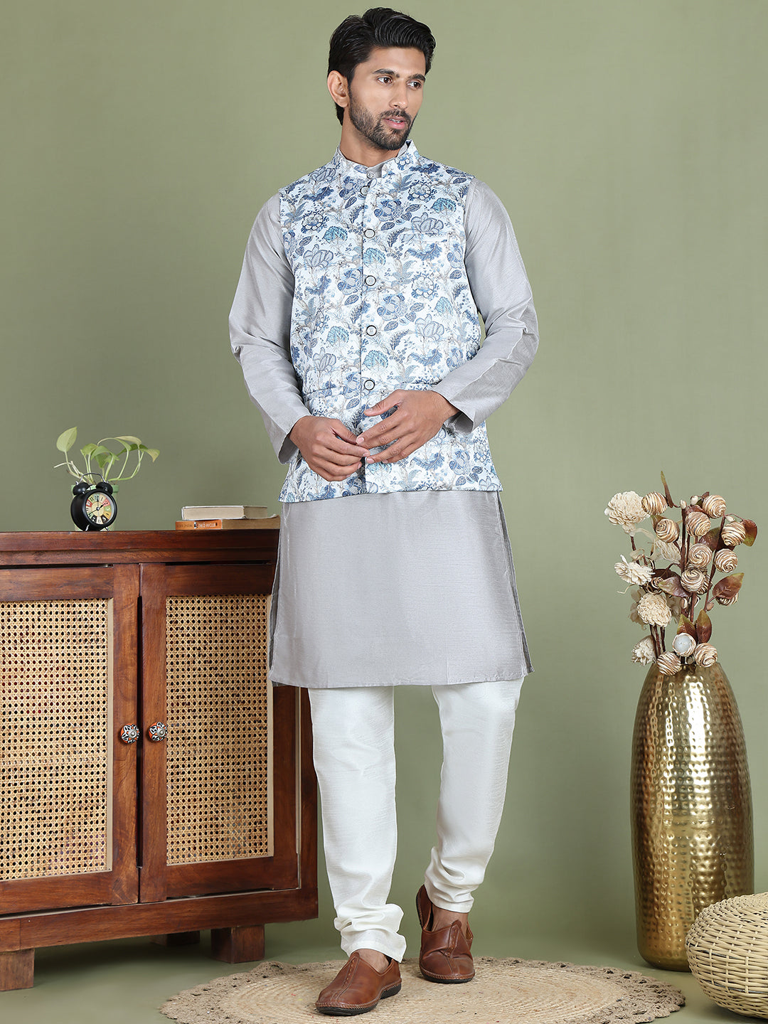 Printed Nehru Jacket With Kurta Pyjama Set for Men ( JOKPWC 636S 4090White )