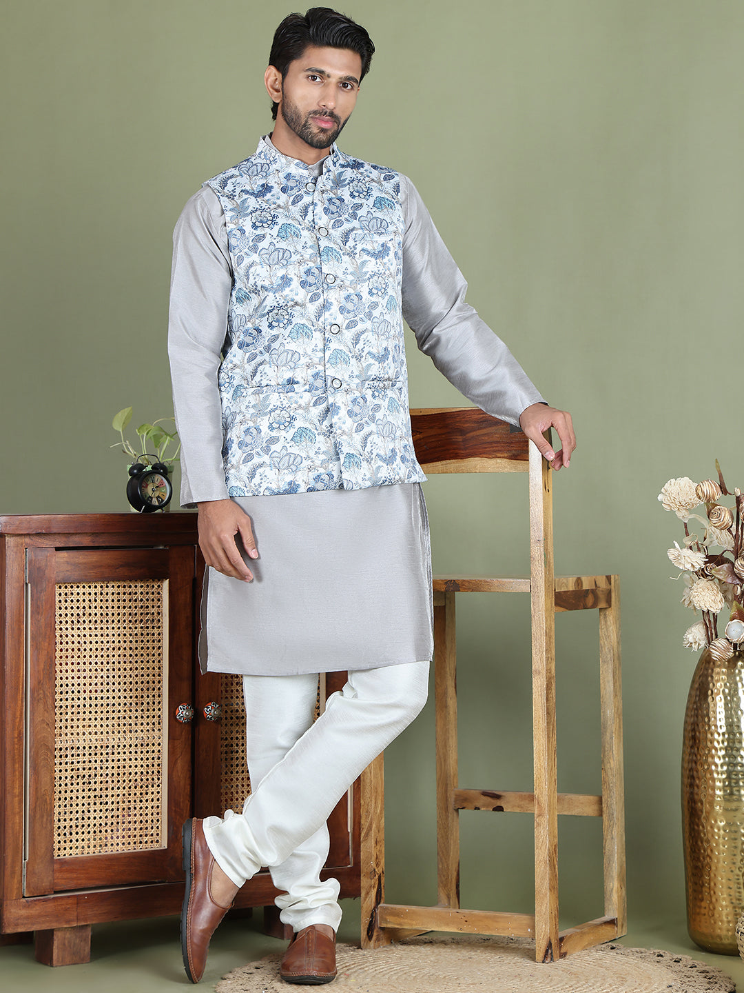 Printed Nehru Jacket With Kurta Pyjama Set for Men ( JOKPWC 636S 4090White )