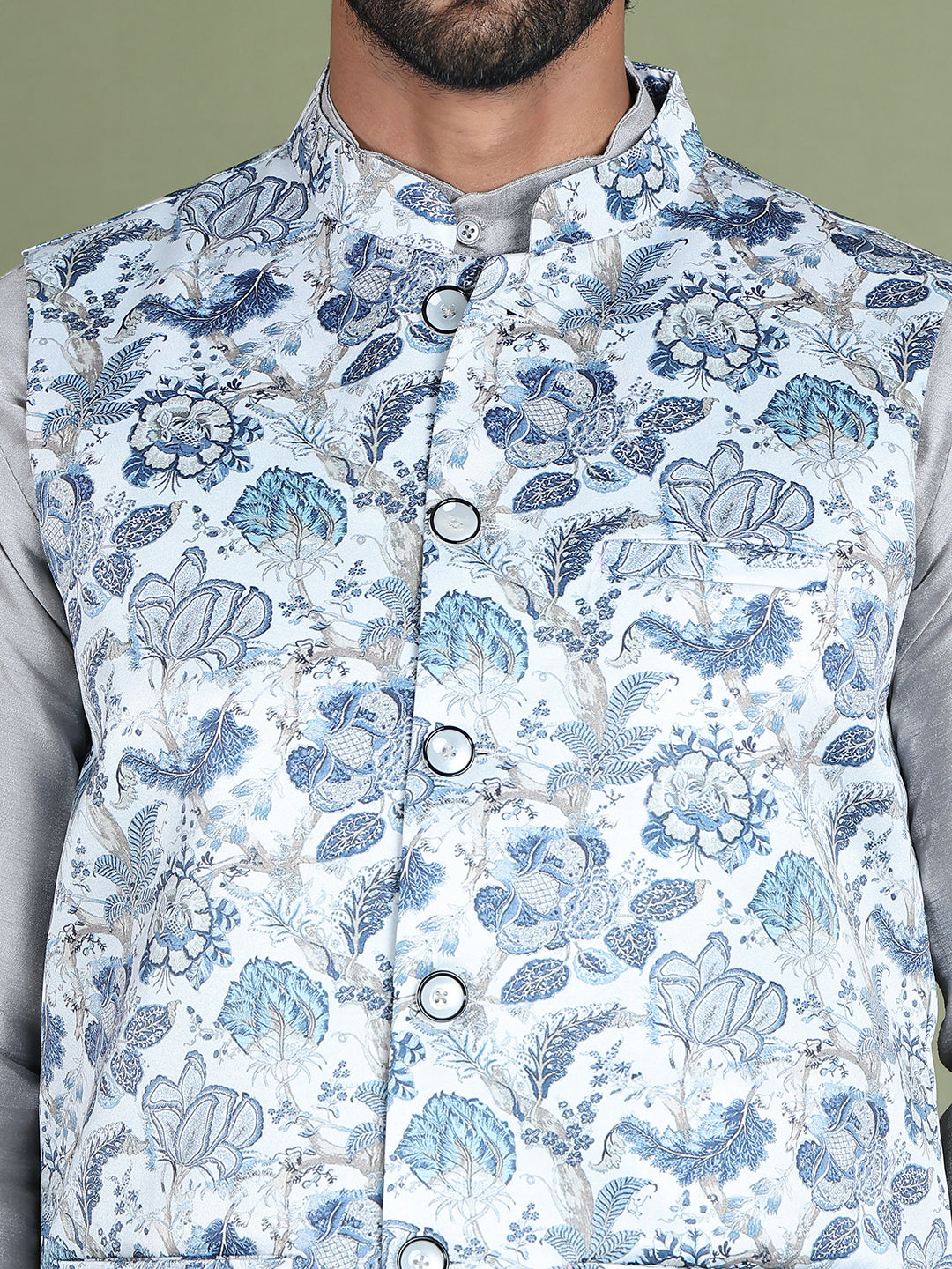 Printed Nehru Jacket With Kurta Pyjama Set for Men ( JOKPWC 636S 4090White )