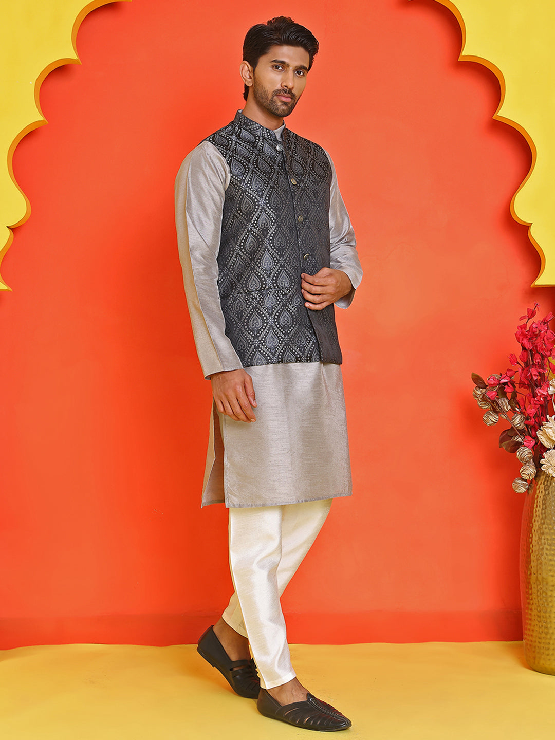 Woven Design Nehru Jacket With Solid Kurta Pyjama for Men ( JOKPWC 636S 4131 Black )