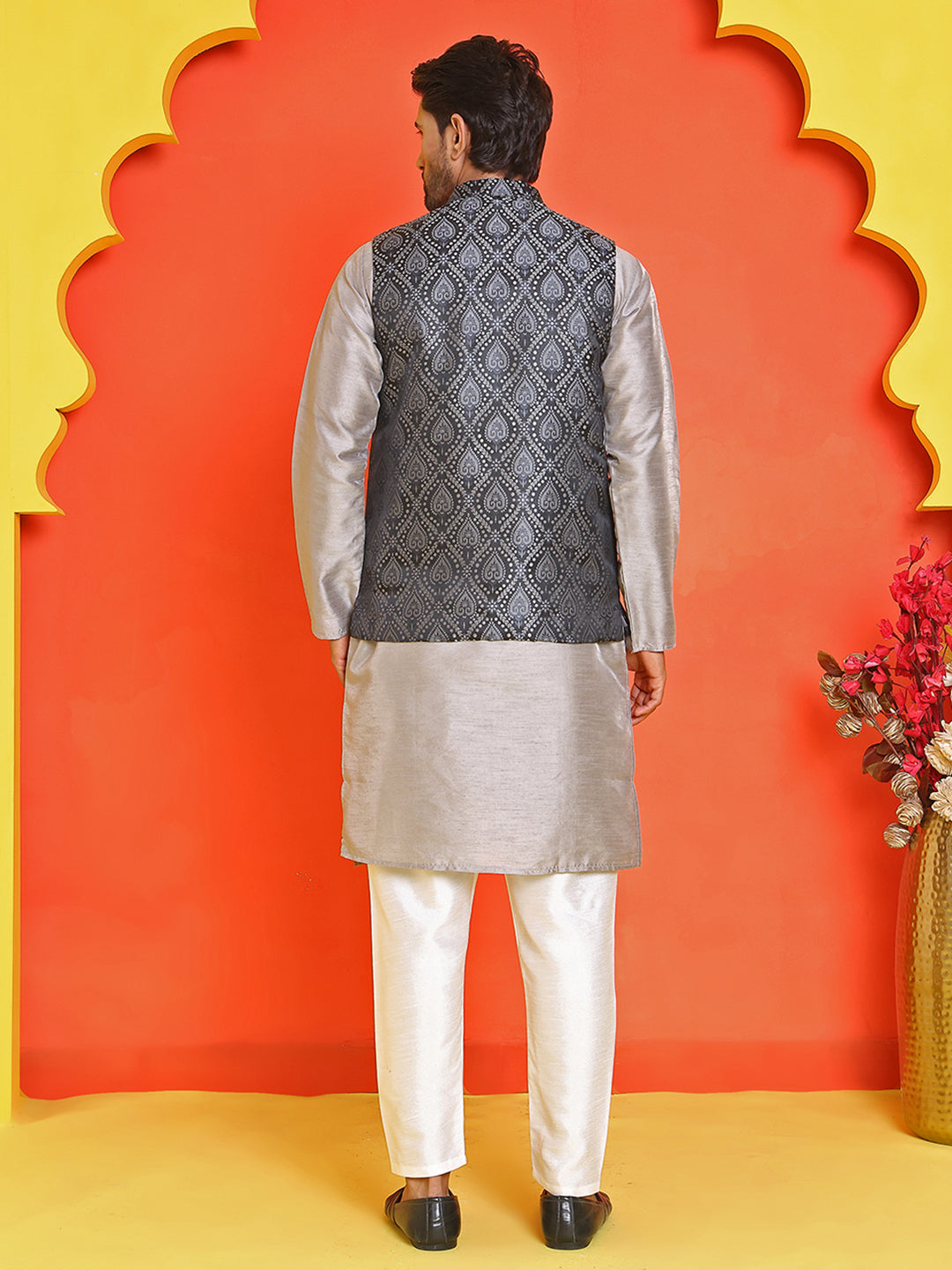 Woven Design Nehru Jacket With Solid Kurta Pyjama for Men ( JOKPWC 636S 4131 Black )