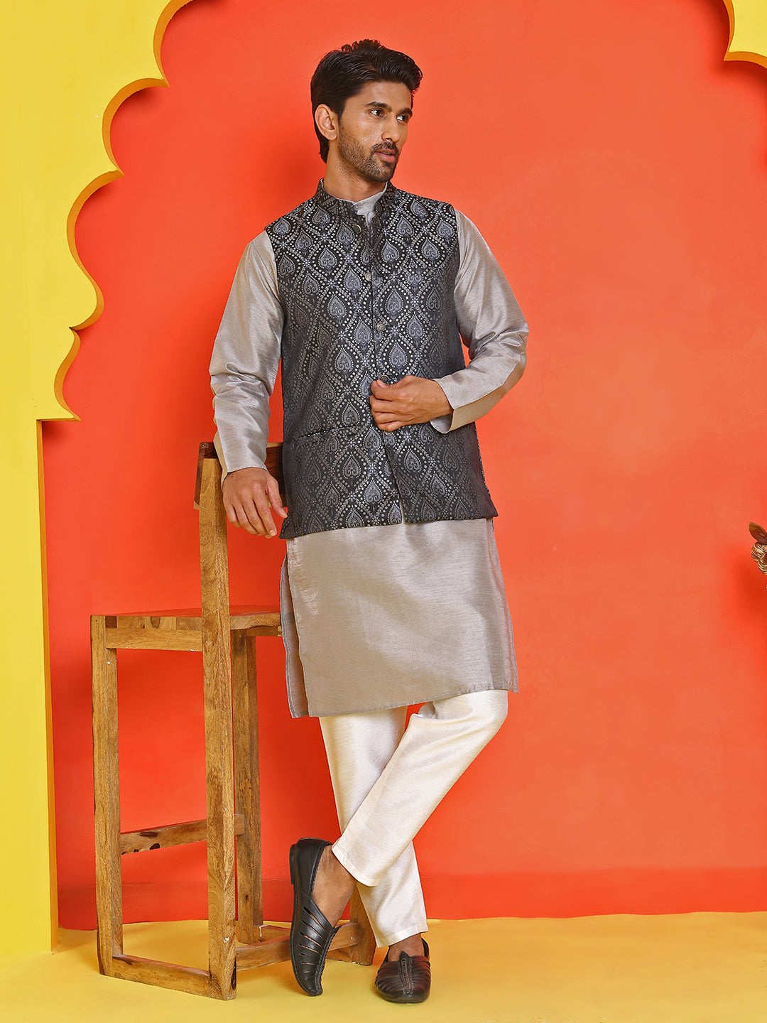 Woven Design Nehru Jacket With Solid Kurta Pyjama for Men ( JOKPWC 636S 4131 Black )