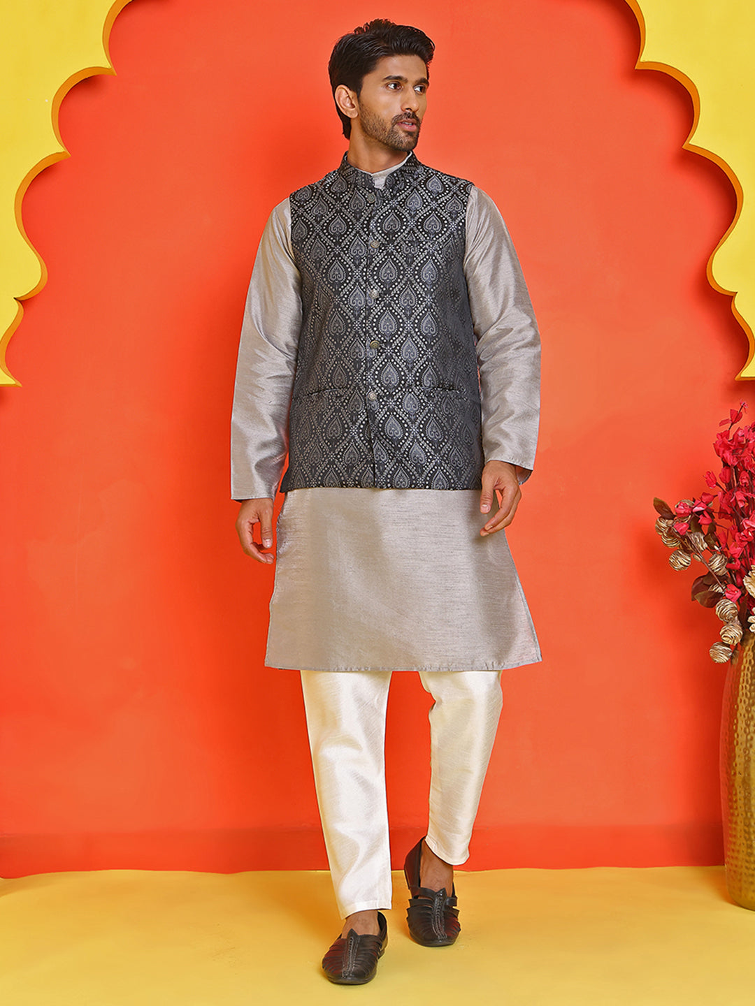 Woven Design Nehru Jacket With Solid Kurta Pyjama for Men ( JOKPWC 636S 4131 Black )
