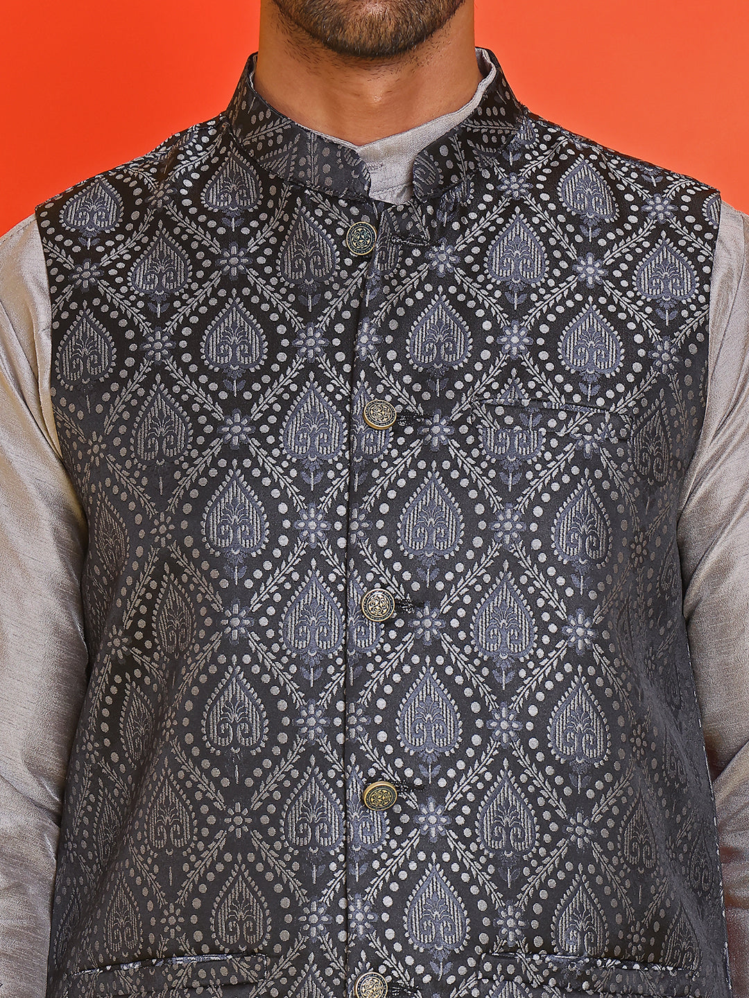 Woven Design Nehru Jacket With Solid Kurta Pyjama for Men ( JOKPWC 636S 4131 Black )