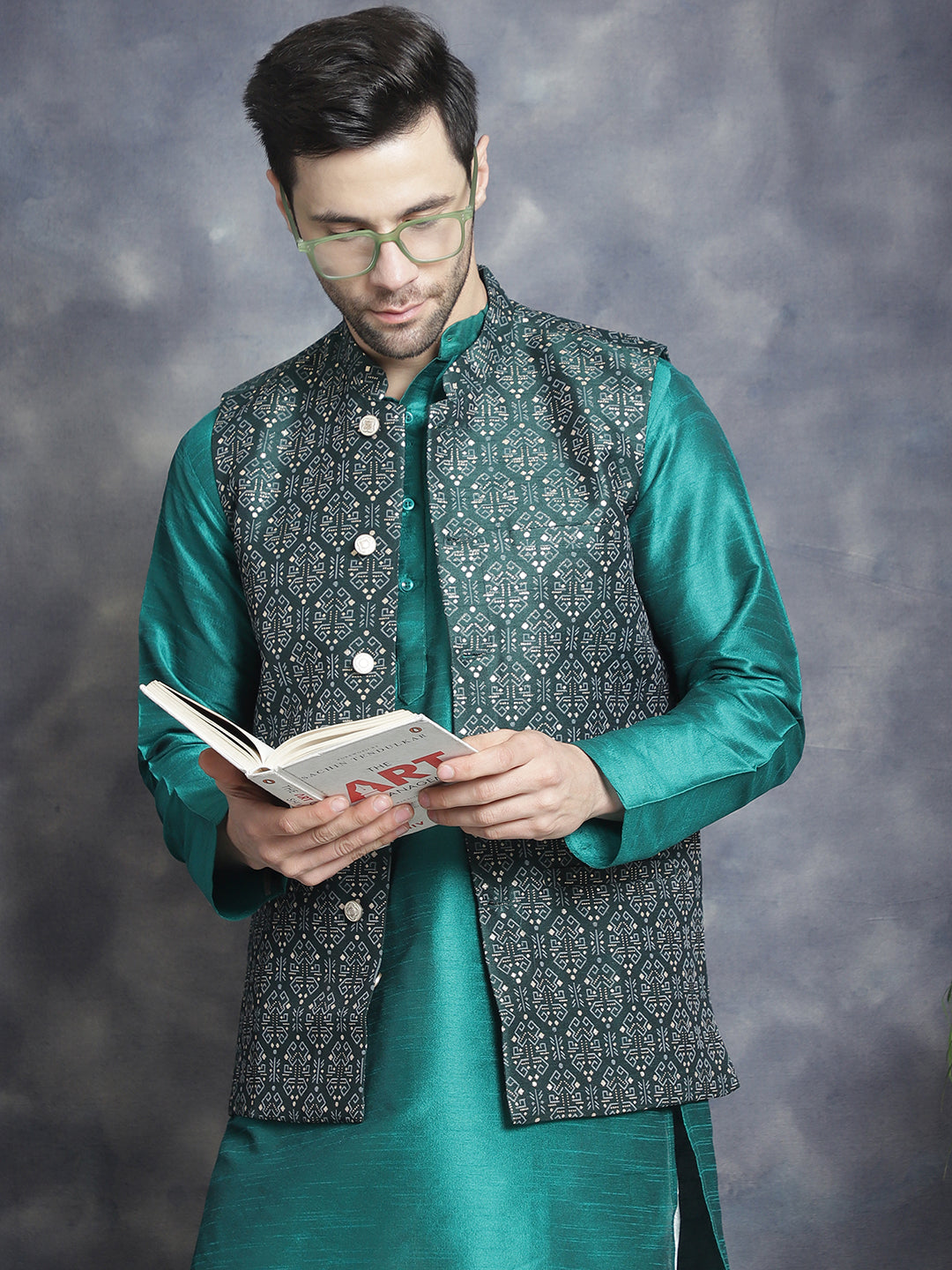 Men's Printed Nehru Jacket With Kurta Pyjama Set ( JOKPWC 636T 4084Olive )