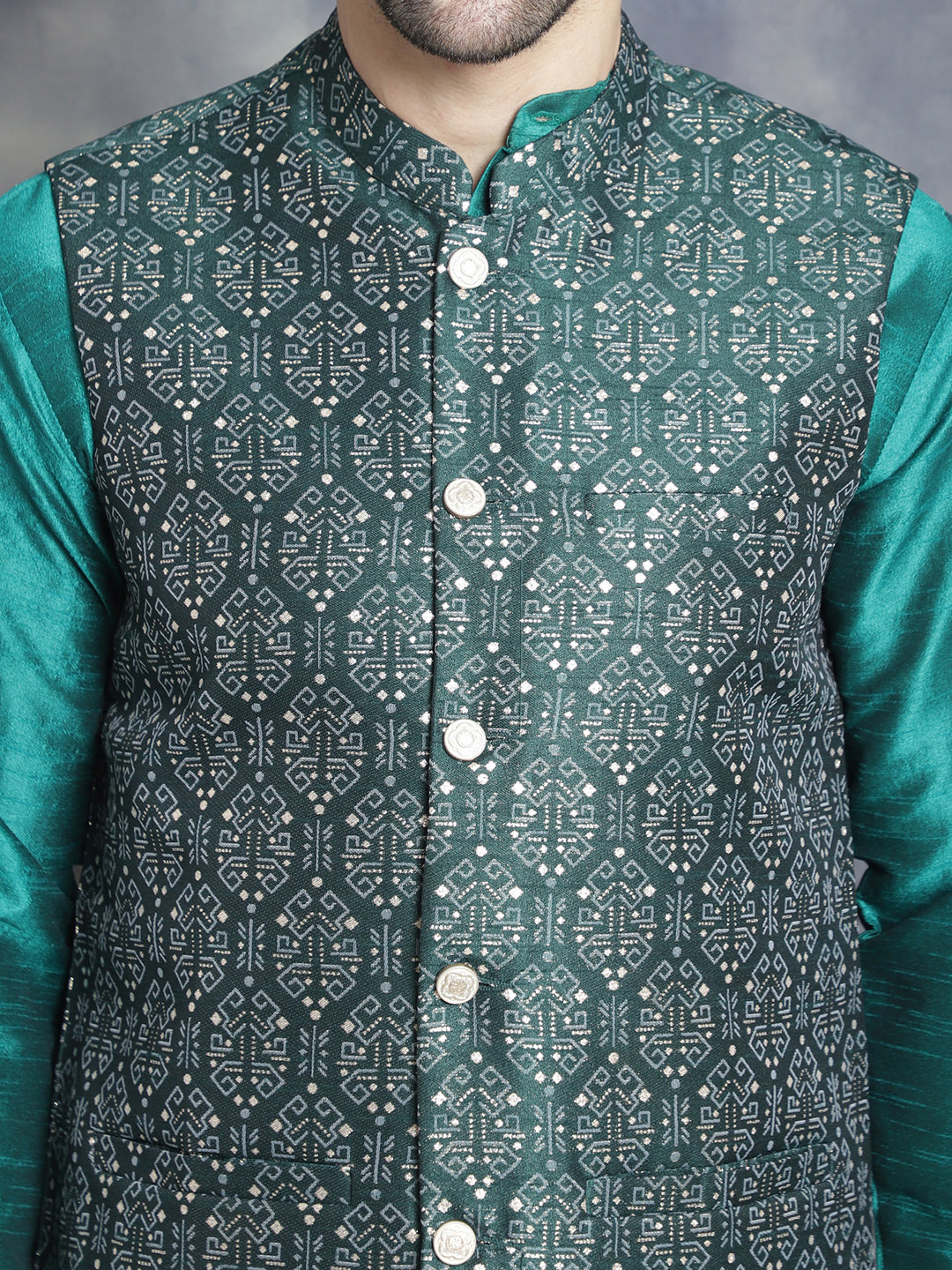 Men's Printed Nehru Jacket With Kurta Pyjama Set ( JOKPWC 636T 4084Olive )