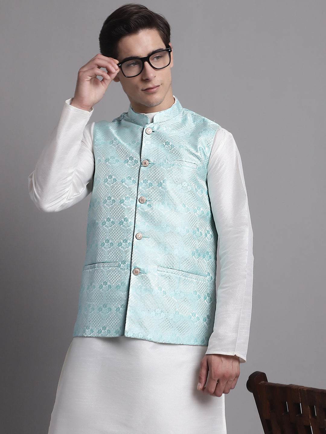 Men's Turquoise Blue Woven Design Nehru Jacket With Solid Kurta Pyjama.