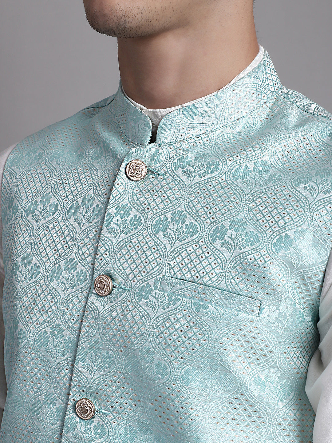 Men's Turquoise Blue Woven Design Nehru Jacket With Solid Kurta Pyjama.