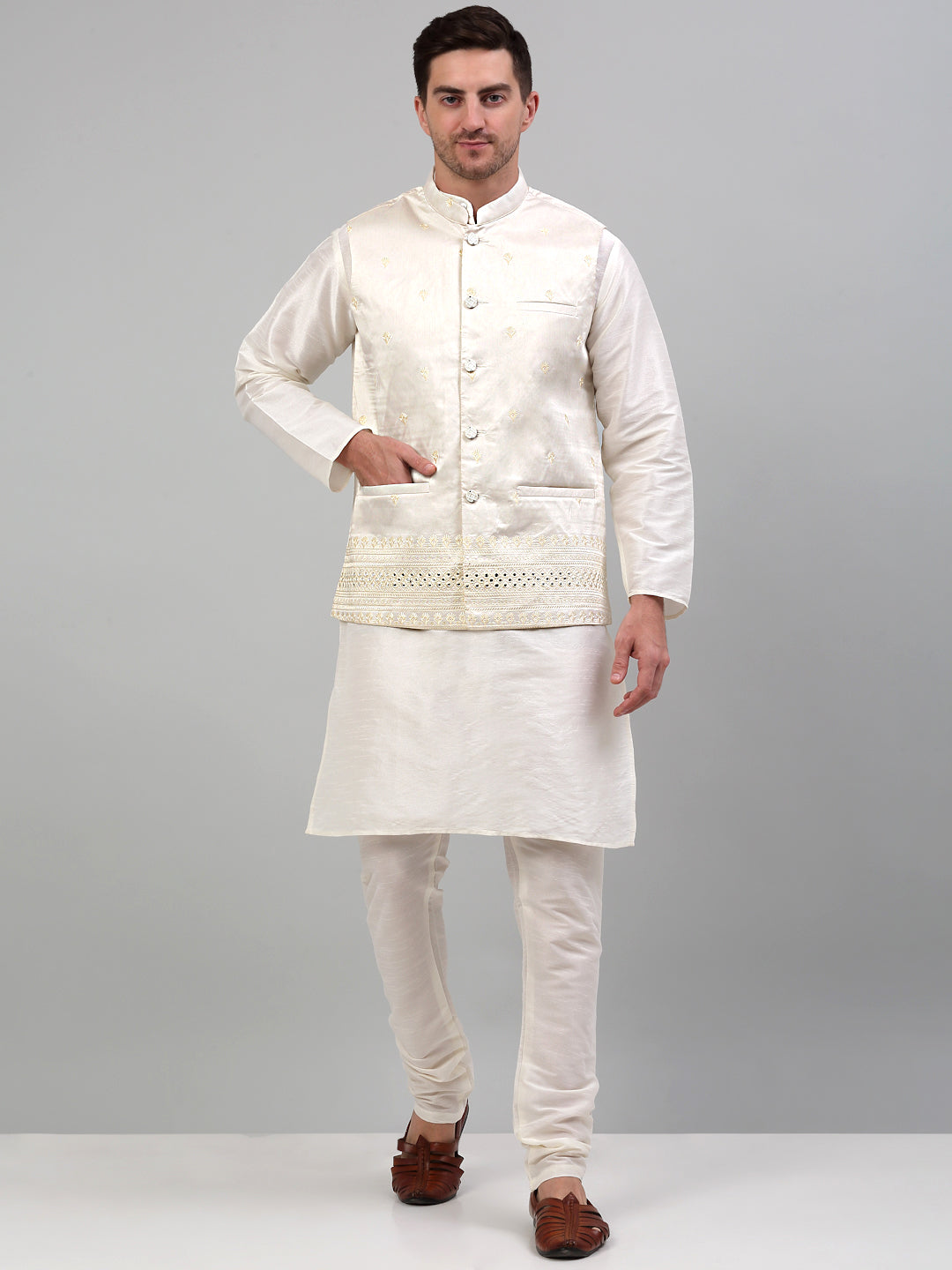 Men's Embroidered Nehru Jacket With Solid Kurta Pyjama Set.