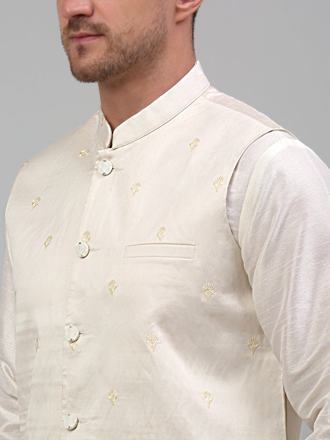 Men's Embroidered Nehru Jacket With Solid Kurta Pyjama Set.