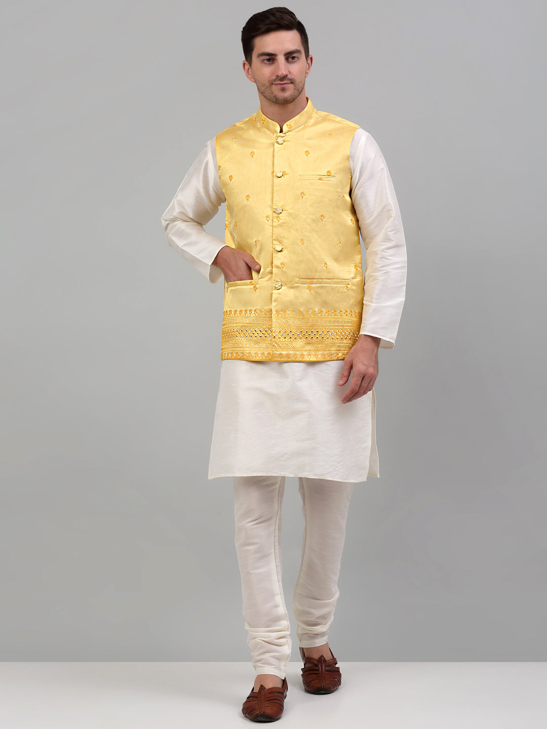 Men's Embroidered Nehru Jacket With Solid Kurta Pyjama Set.