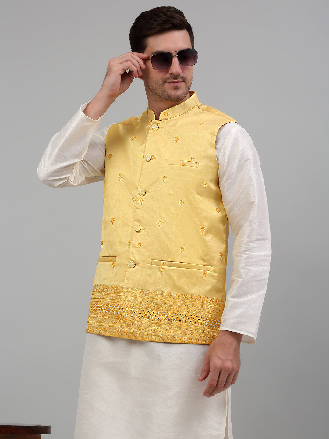 Men's Embroidered Nehru Jacket With Solid Kurta Pyjama Set.