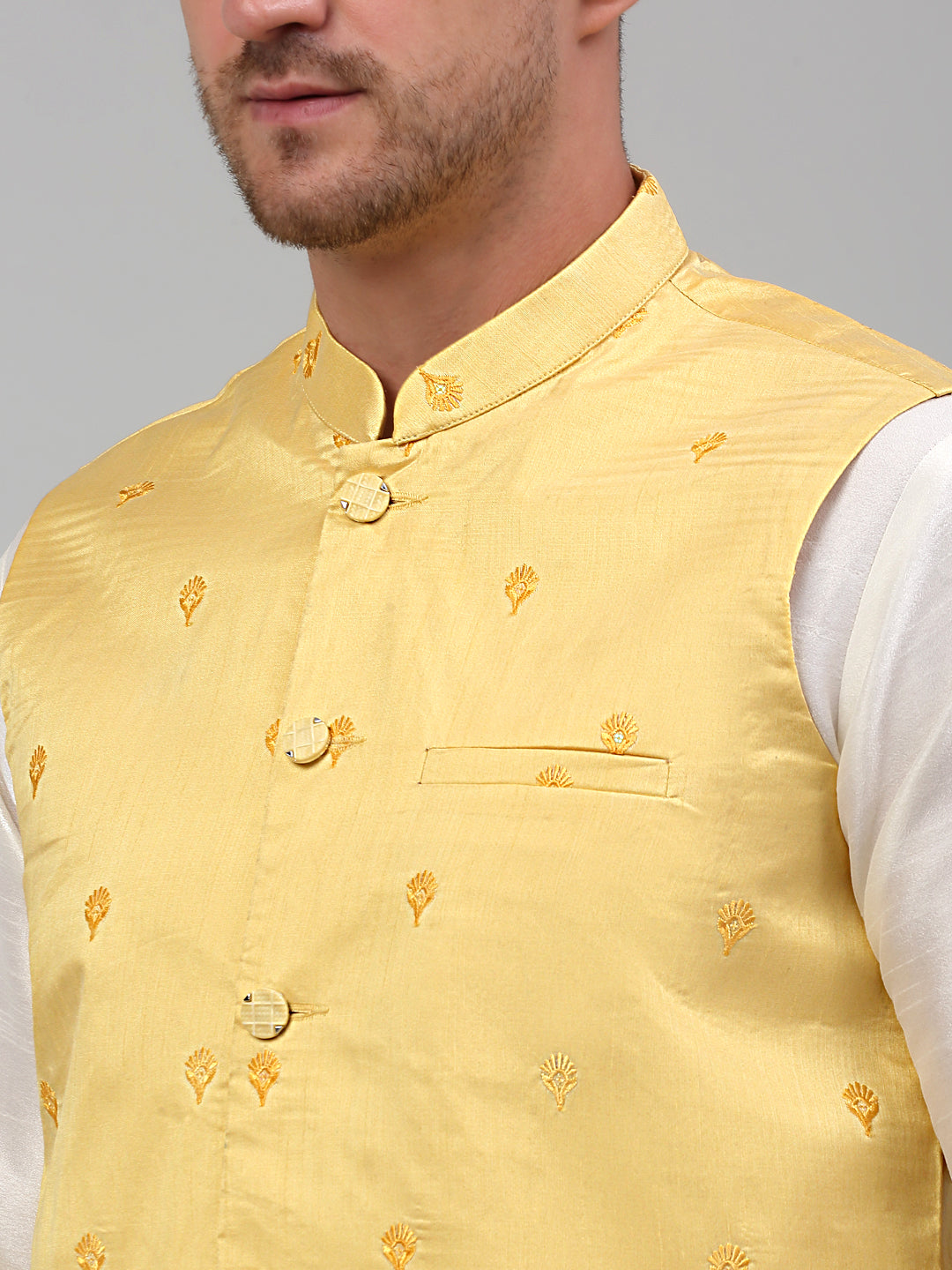 Men's Embroidered Nehru Jacket With Solid Kurta Pyjama Set.