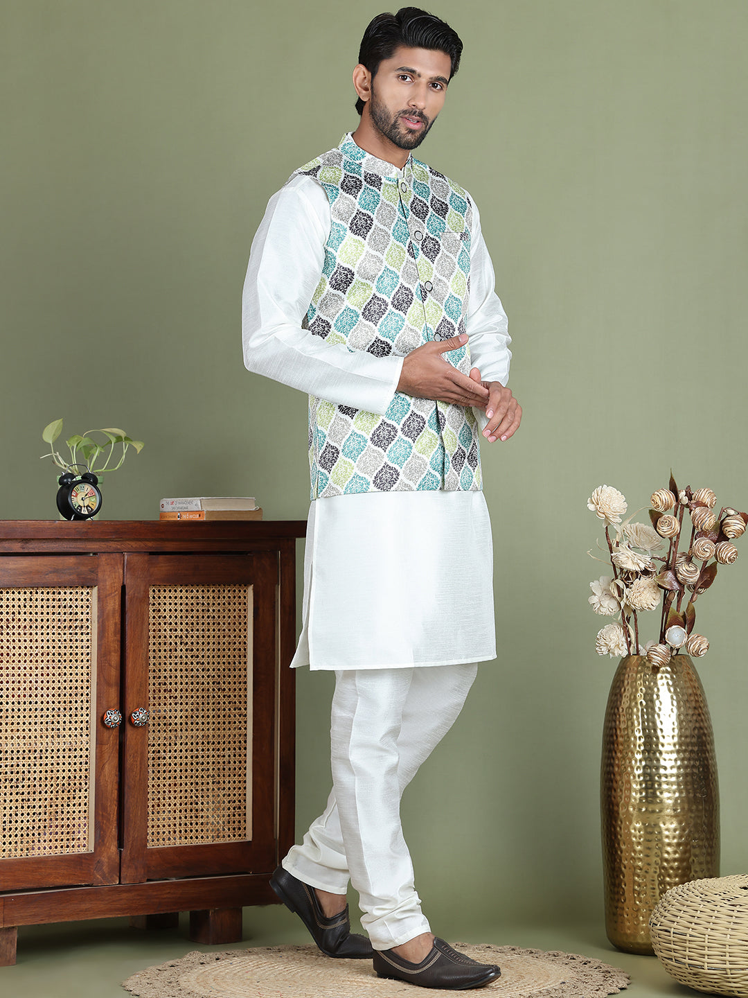 Printed Nehru Jacket With Kurta Pyjama Set for Men ( JOKPWC 636W 4090Green )