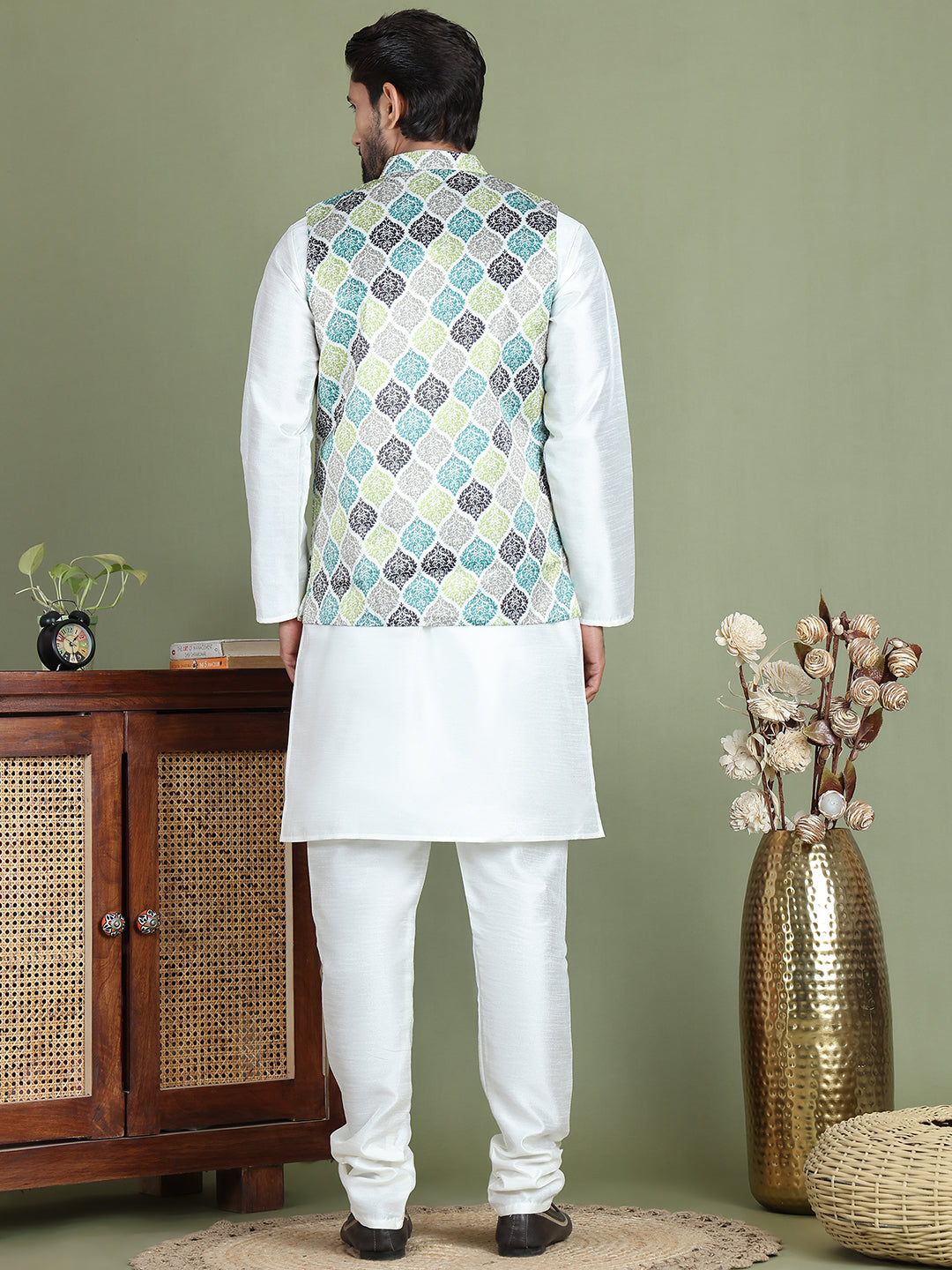 Printed Nehru Jacket With Kurta Pyjama Set for Men ( JOKPWC 636W 4090Green )
