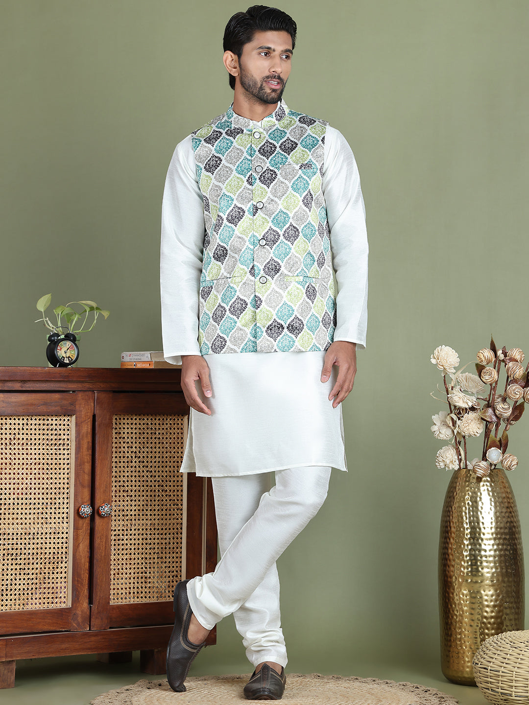 Printed Nehru Jacket With Kurta Pyjama Set for Men ( JOKPWC 636W 4090Green )