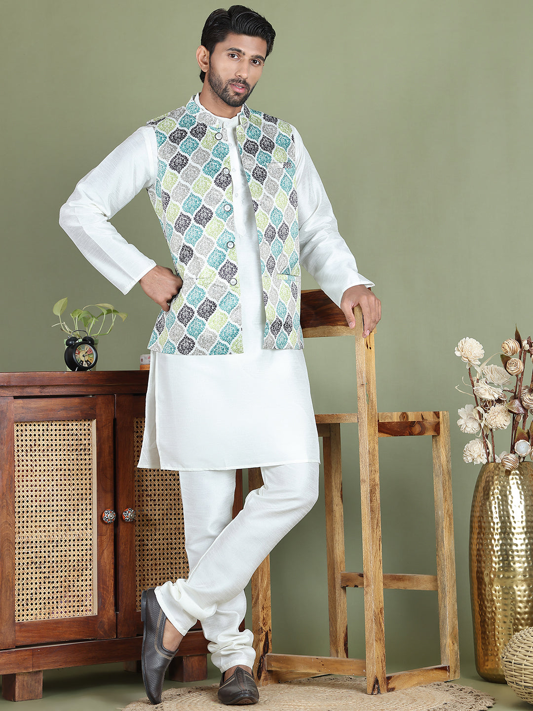 Printed Nehru Jacket With Kurta Pyjama Set for Men ( JOKPWC 636W 4090Green )