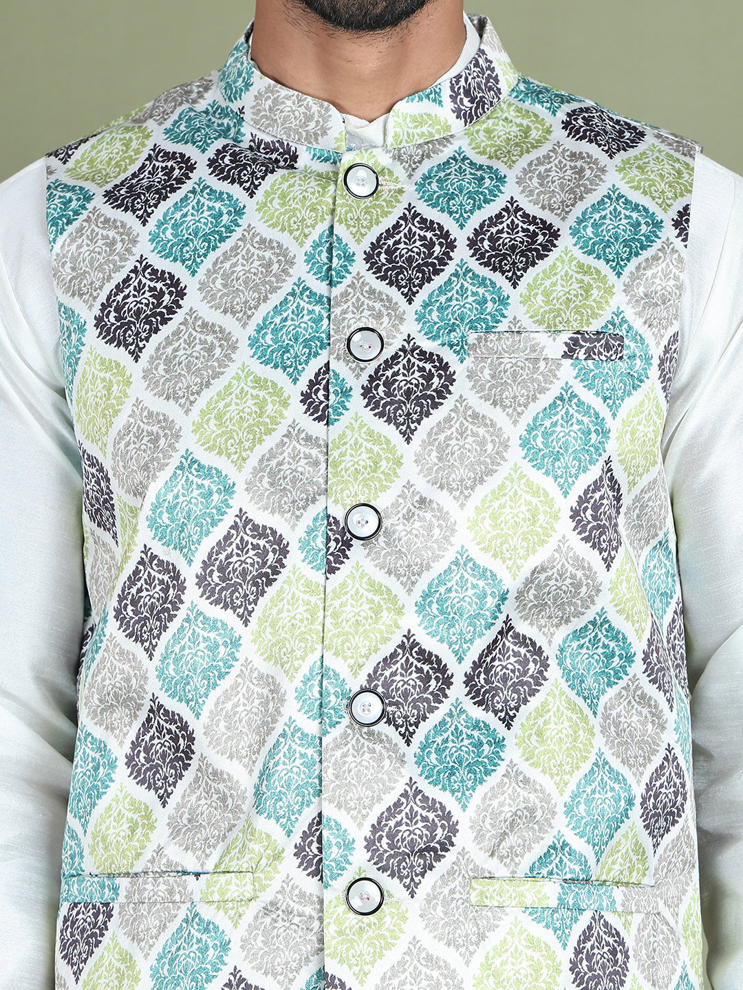 Printed Nehru Jacket With Kurta Pyjama Set for Men ( JOKPWC 636W 4090Green )