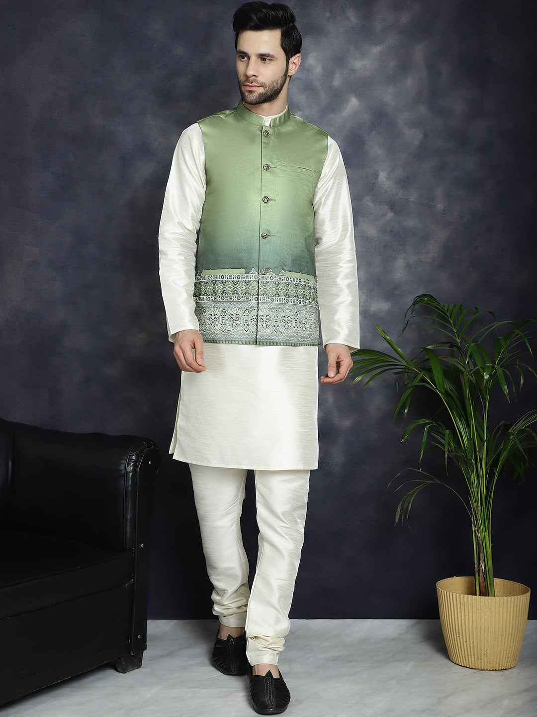 Men's Printed Nehru Jacket With Solid Kurta Pyjama ( JOKPWC 636W 4097Green )