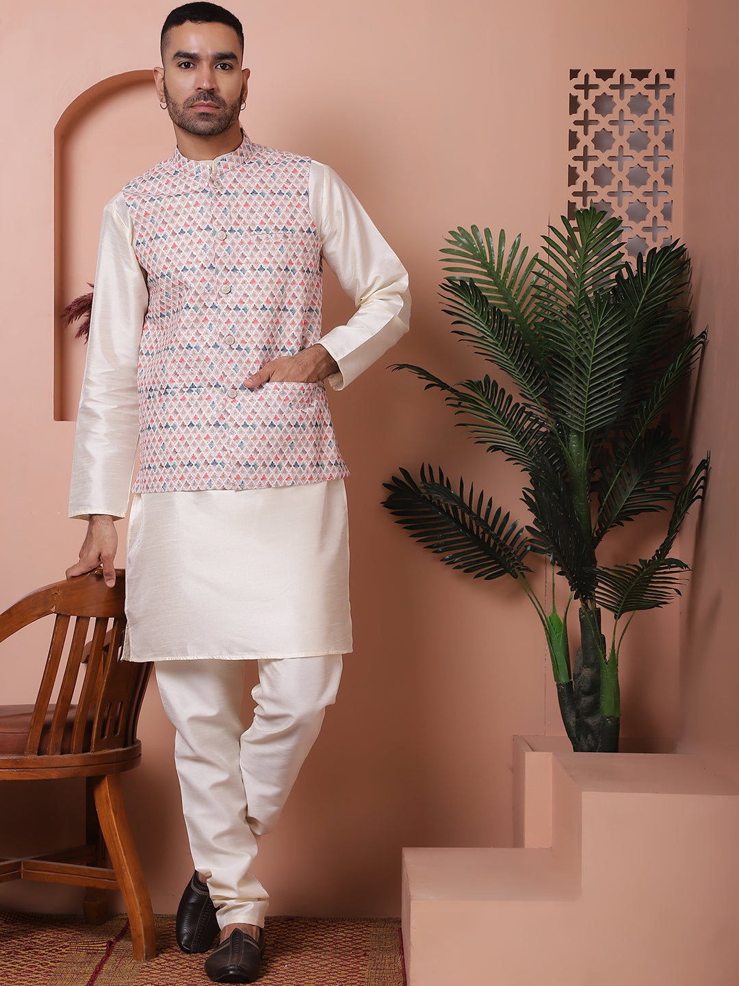 Sequins and Printed Nehru Jacket With Solid Kurta Pyjama