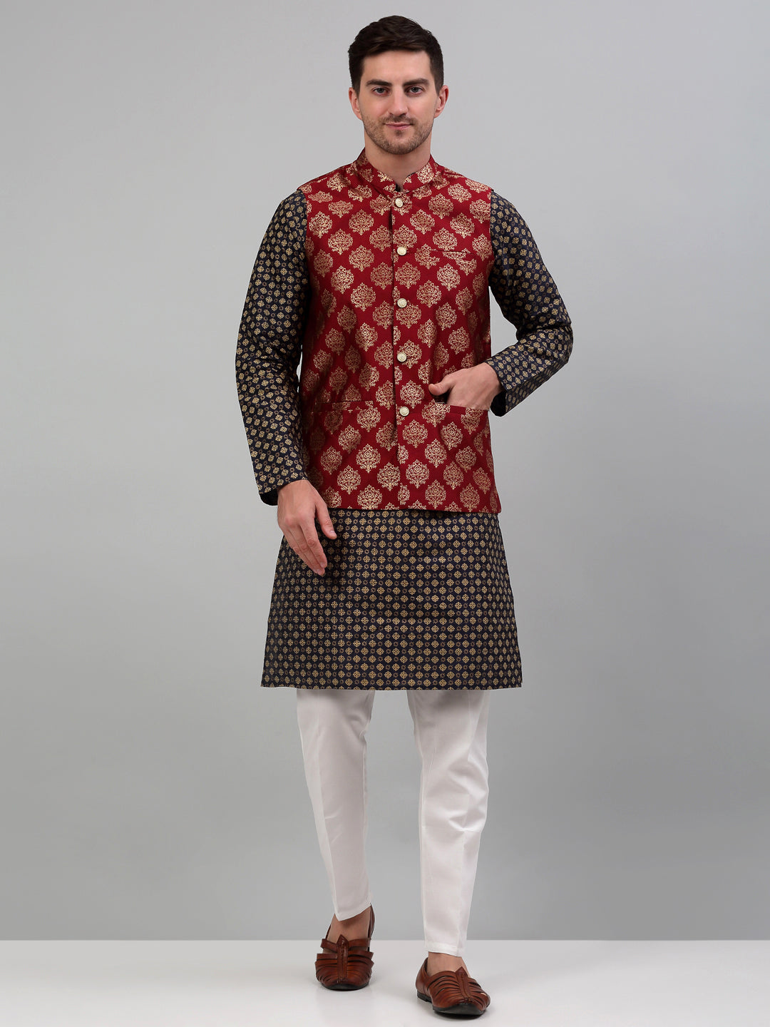 Men's Printed Nehru Jacket With Kurta Pyjama Set