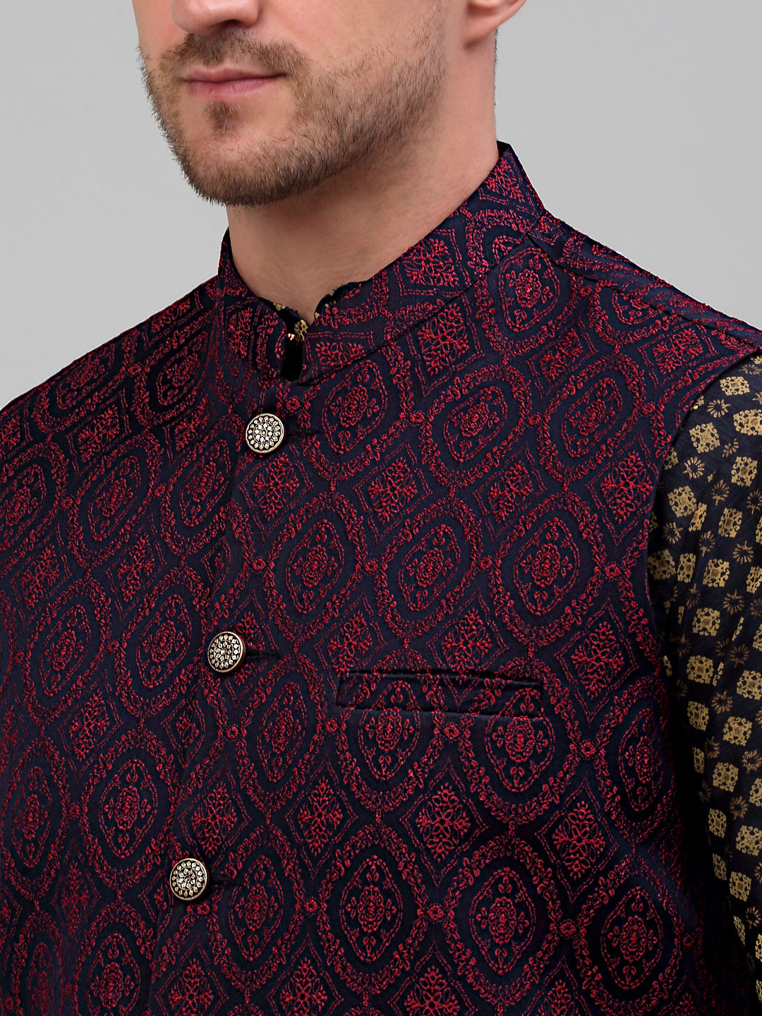 Men's Woven Design Nehru Jacket with Printed Kurta Pyjama Set
