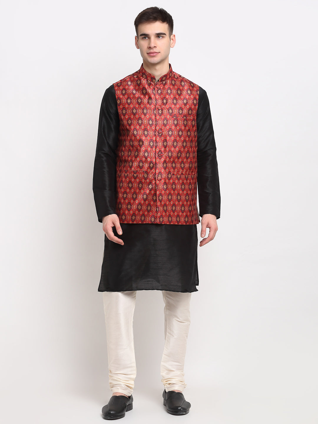 Jompers Men's Black Dupion Silk Kurta with Churidar & Nehru Jacket ( JOKPWC B-D 4025Red )