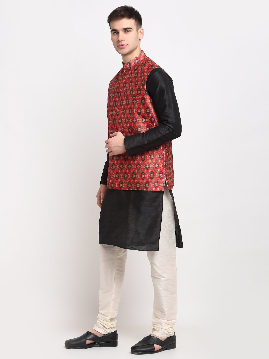 Jompers Men's Black Dupion Silk Kurta with Churidar & Nehru Jacket ( JOKPWC B-D 4025Red )