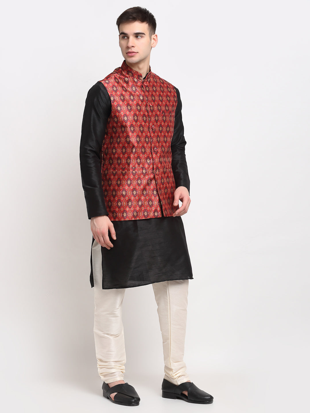 Jompers Men's Black Dupion Silk Kurta with Churidar & Nehru Jacket ( JOKPWC B-D 4025Red )