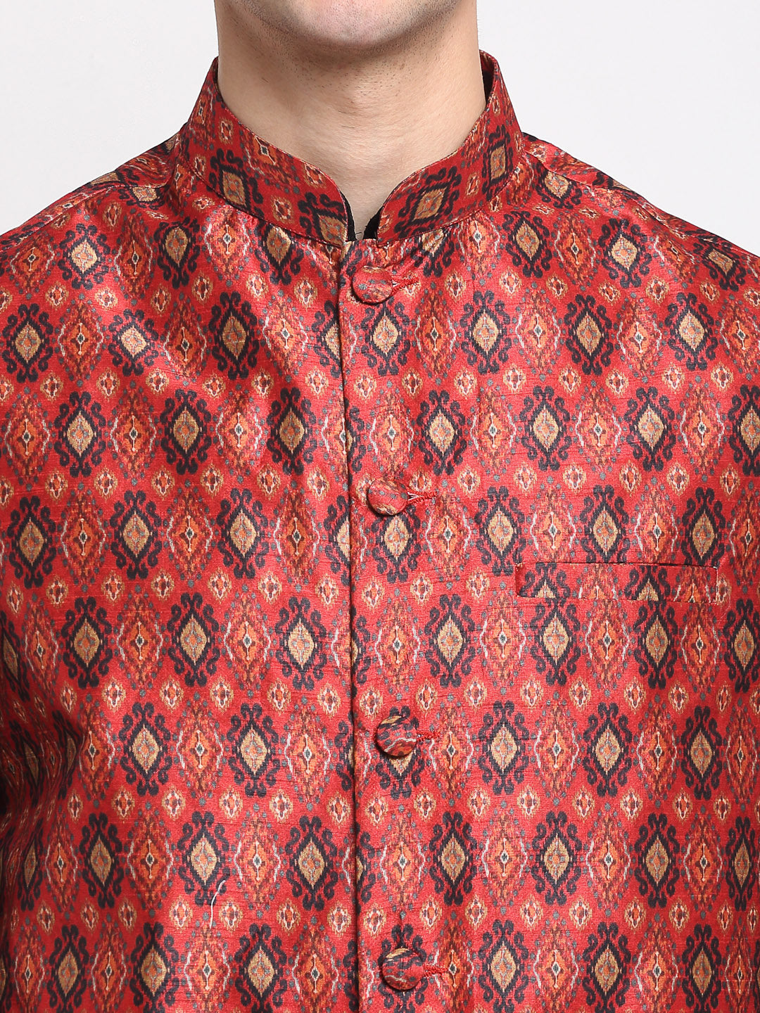 Jompers Men's Black Dupion Silk Kurta with Churidar & Nehru Jacket ( JOKPWC B-D 4025Red )