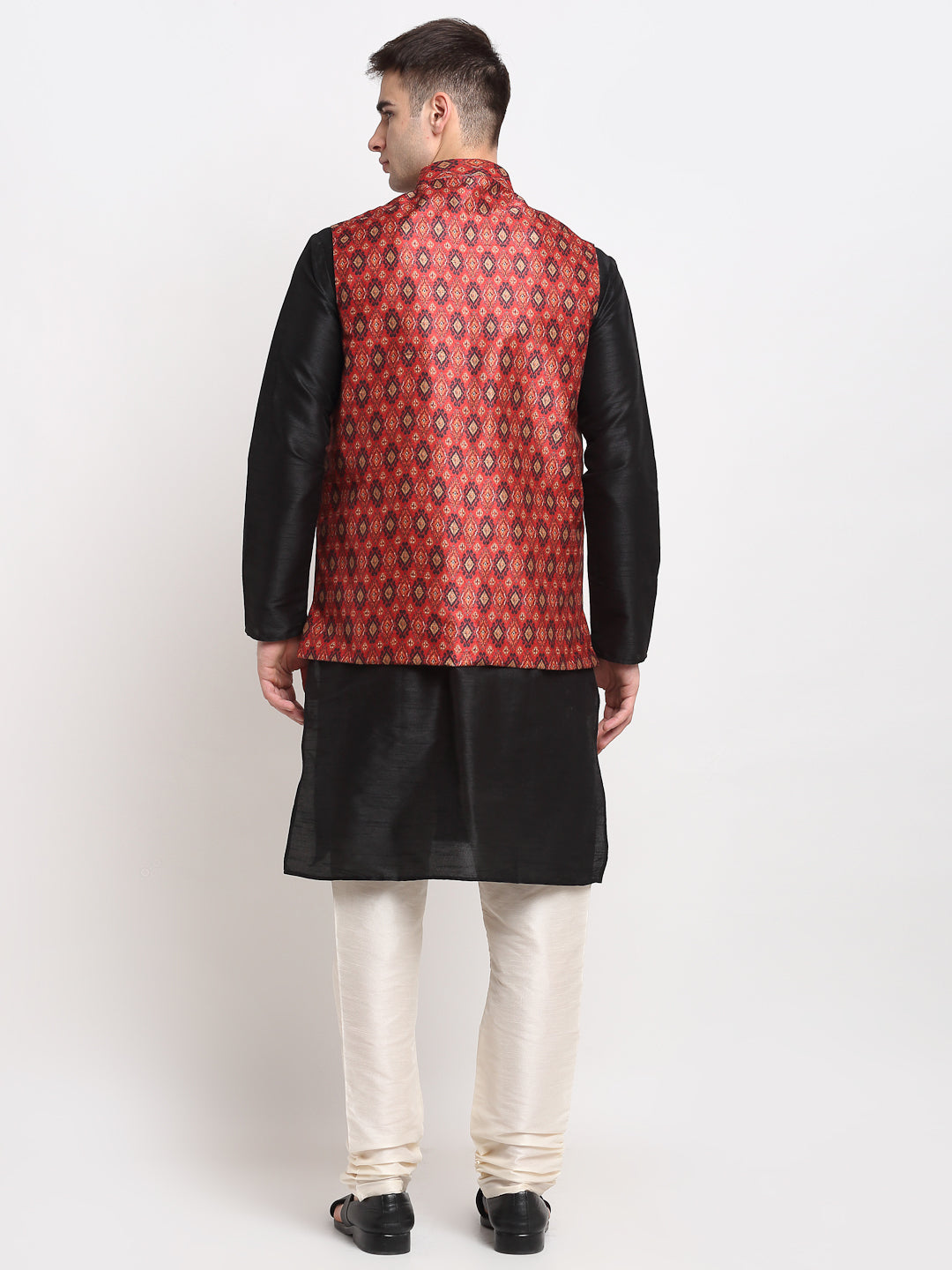 Jompers Men's Black Dupion Silk Kurta with Churidar & Nehru Jacket ( JOKPWC B-D 4025Red )