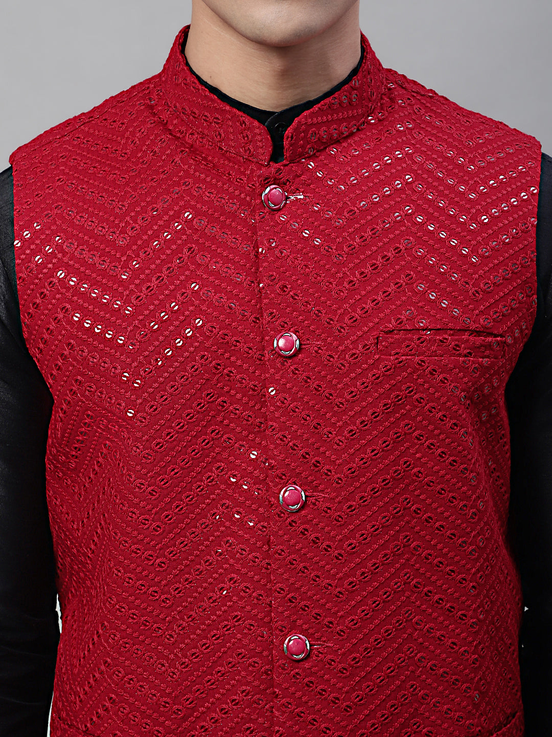 Men Black Solid Kurta Pyjama with Maroon Embroidered Nehru Jacket