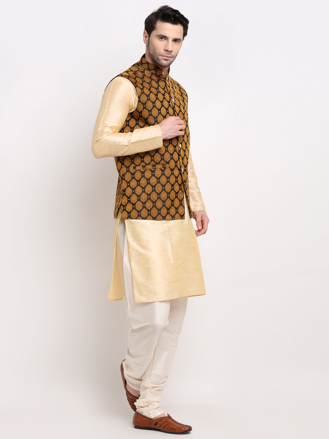 Jompers Men's Golden Dupion Silk Kurta with Churidar & Nehru Jacket ( JOKPWC G-D 4026Black )