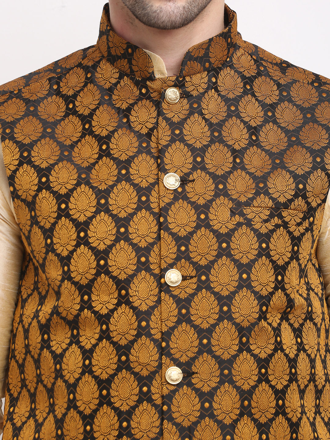 Jompers Men's Golden Dupion Silk Kurta with Churidar & Nehru Jacket ( JOKPWC G-D 4026Black )