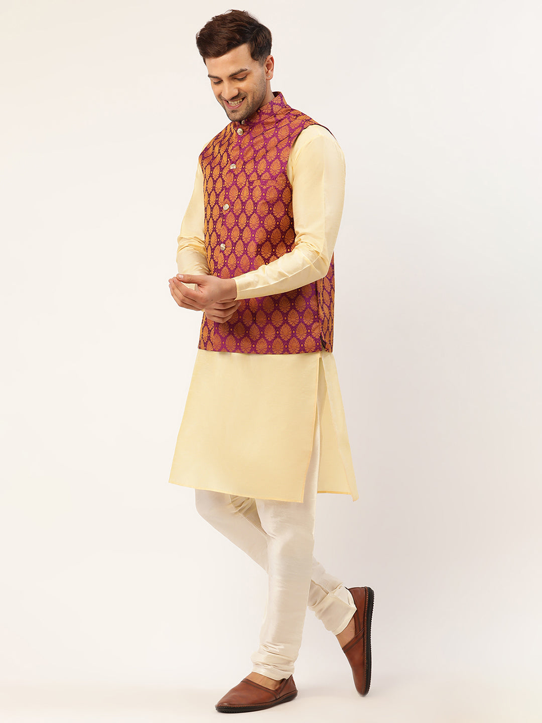 Men's Woven Design Nehru Jacket and Kurta Pyjama Set
