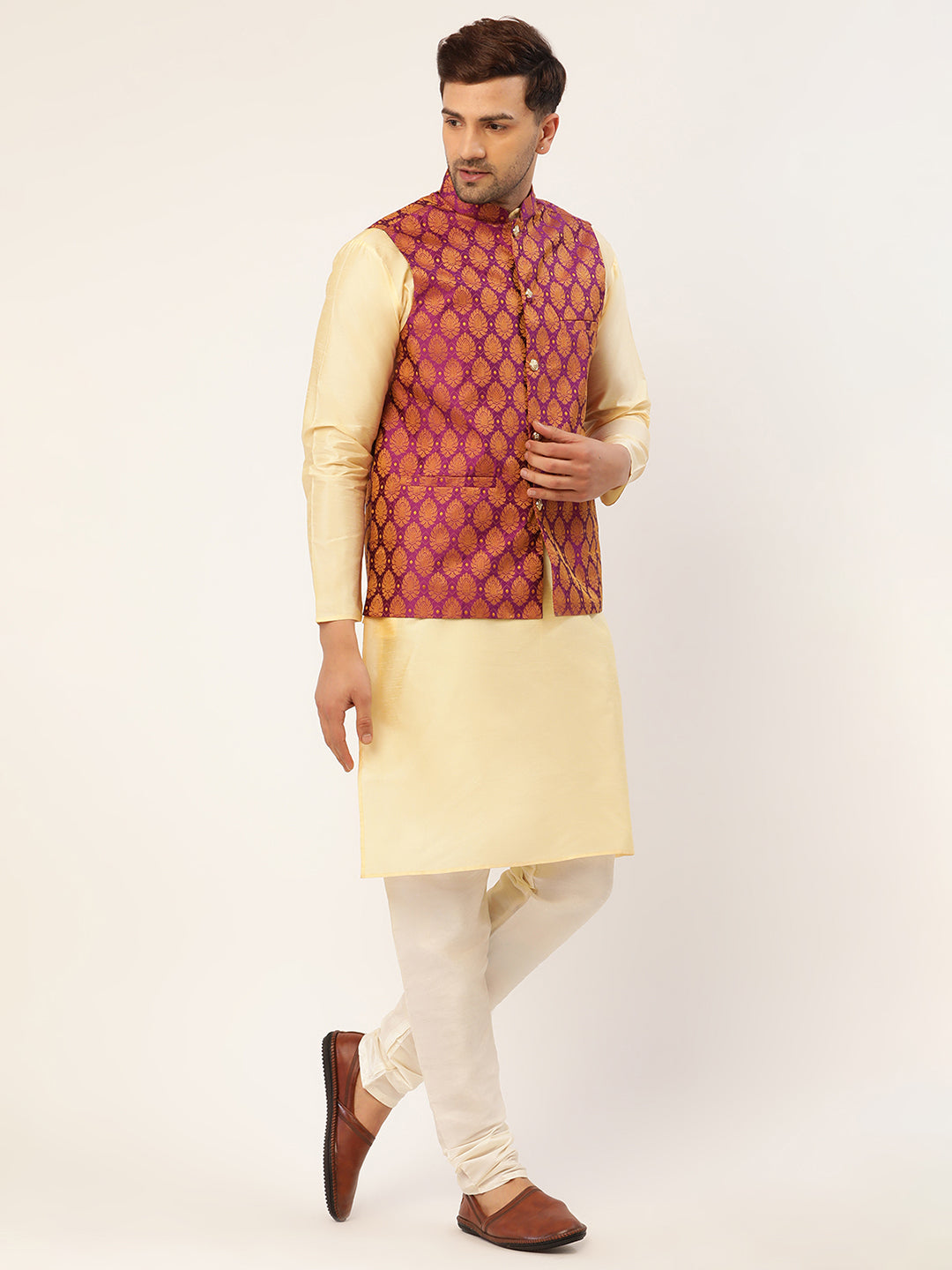 Men's Woven Design Nehru Jacket and Kurta Pyjama Set