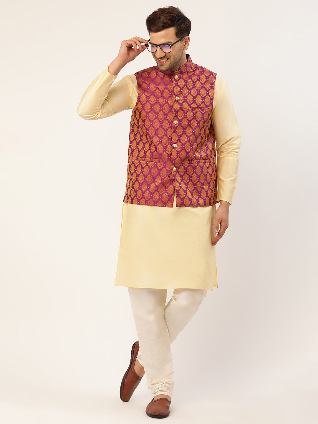 Men's Woven Design Nehru Jacket and Kurta Pyjama Set