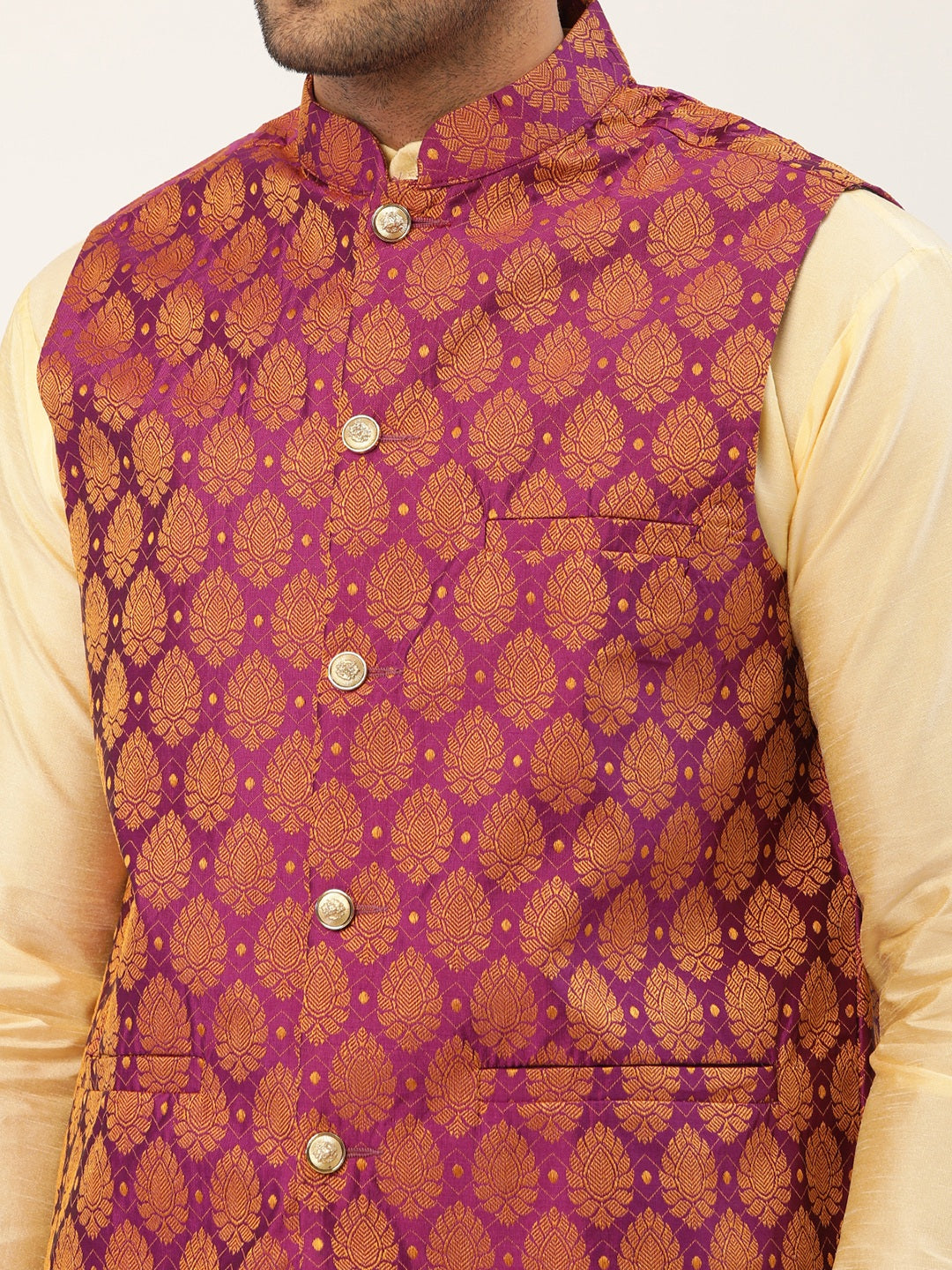 Men's Woven Design Nehru Jacket and Kurta Pyjama Set
