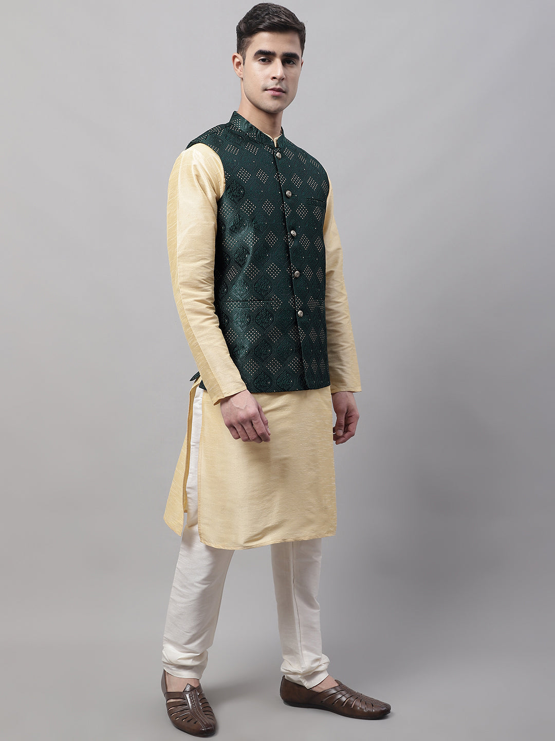 Men Golden Solid Kurta Pyjama with Olive Woven Design Nehru Jacket