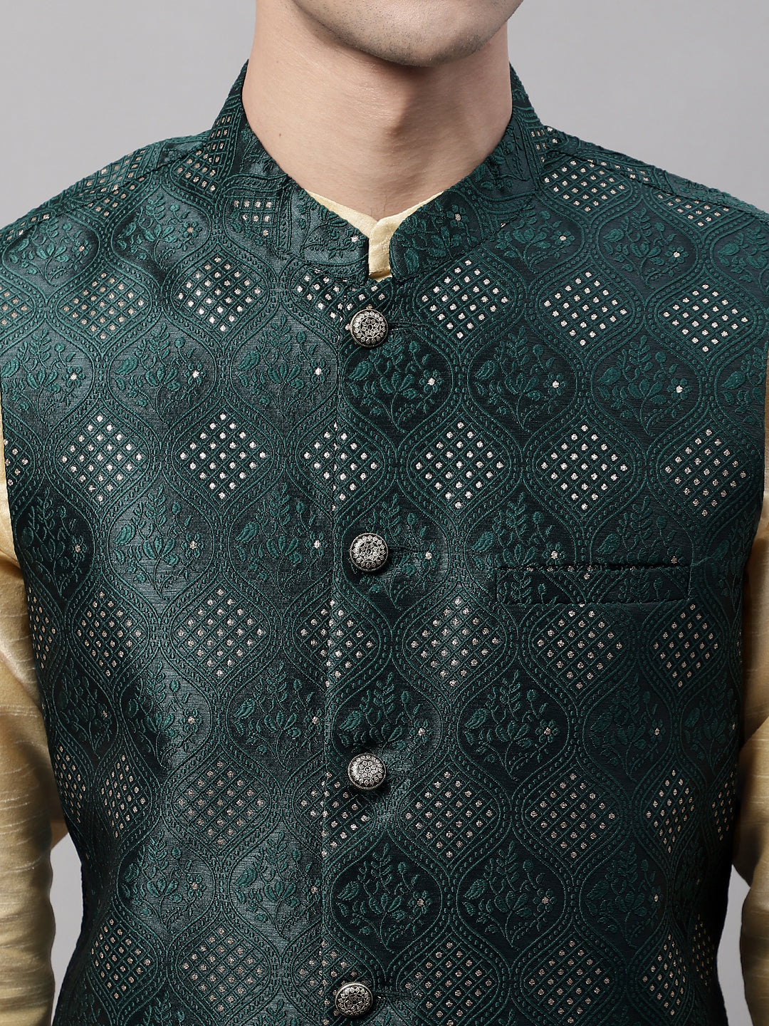 Men Golden Solid Kurta Pyjama with Olive Woven Design Nehru Jacket