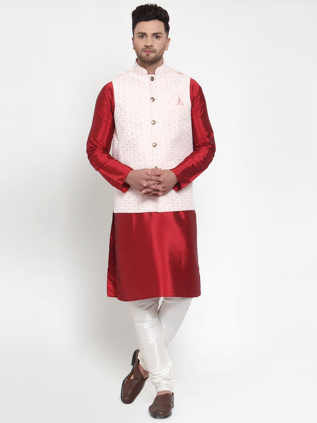 Jompers Men's Solid Dupion Kurta Pajama with Embroidered Nehru Jacket ( JOKPWC M-D 4012Pink )
