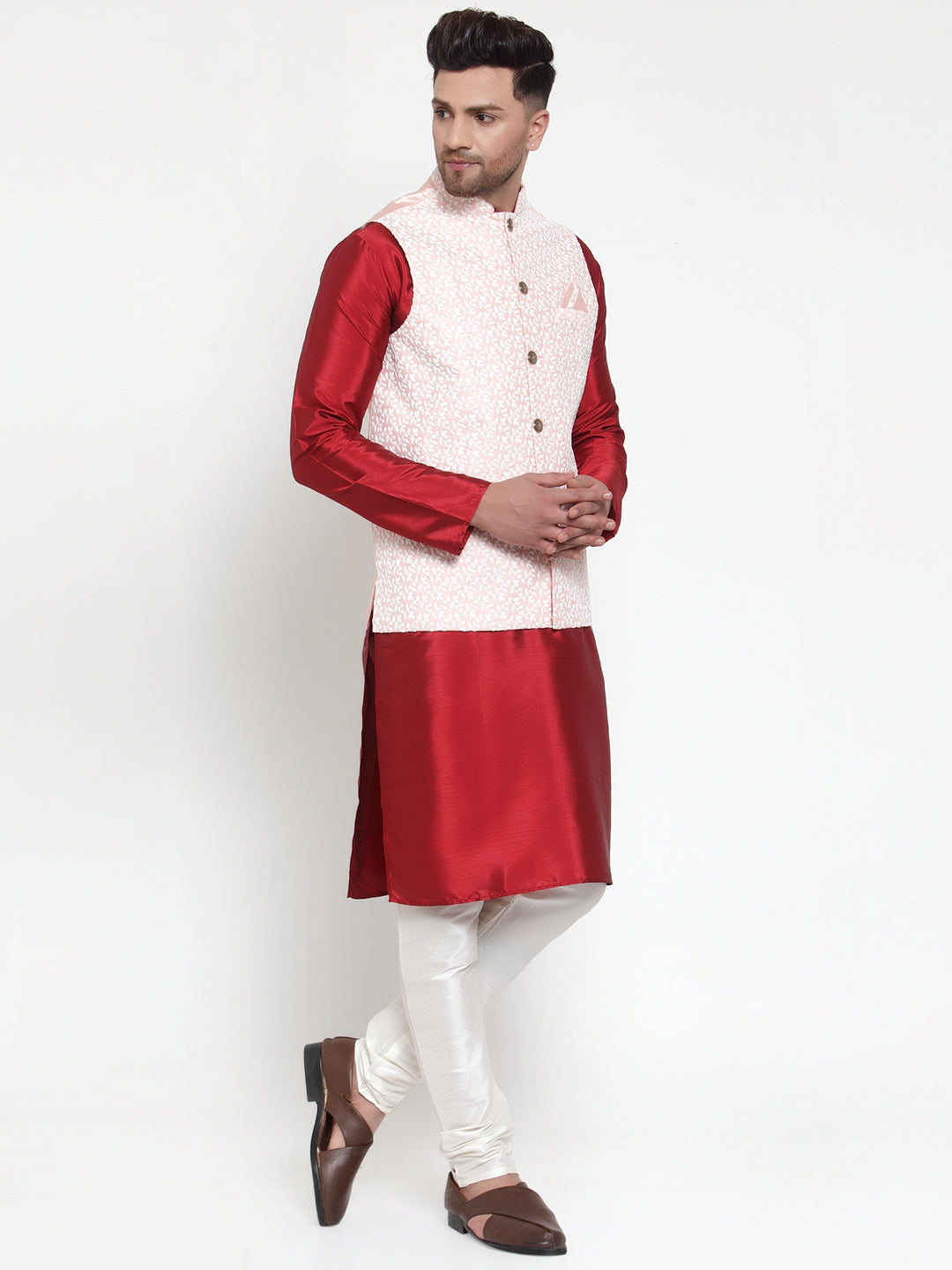 Jompers Men's Solid Dupion Kurta Pajama with Embroidered Nehru Jacket ( JOKPWC M-D 4012Pink )