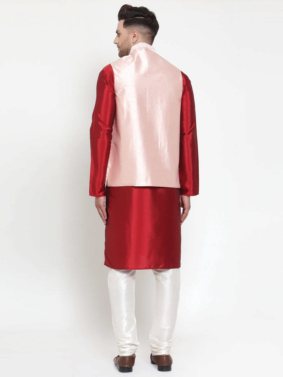 Jompers Men's Solid Dupion Kurta Pajama with Embroidered Nehru Jacket ( JOKPWC M-D 4012Pink )