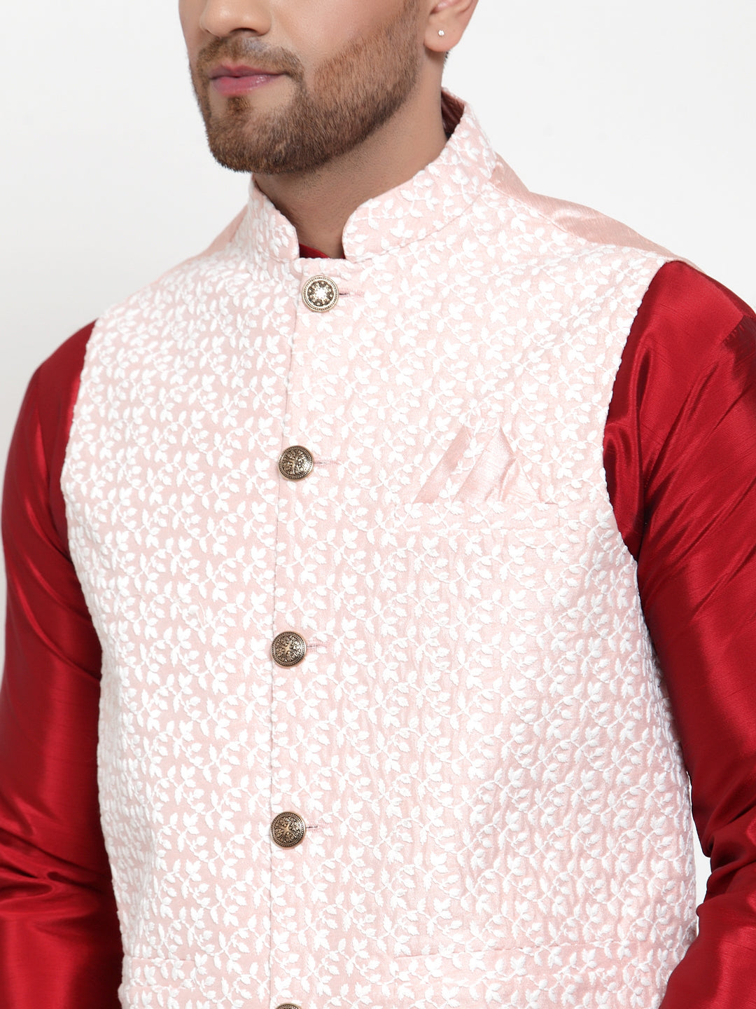 Jompers Men's Solid Dupion Kurta Pajama with Embroidered Nehru Jacket ( JOKPWC M-D 4012Pink )